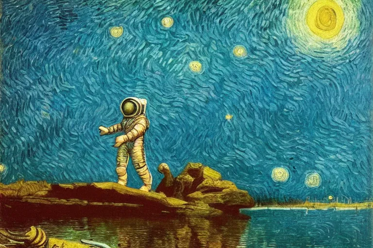 Prompt: an astronaut swimming in Jupiter lake, beautiful, national geographic, very detailed, astrophotography, oil painting, canvas, Vincent van Gogh, Caspar David Friedrich, Albert Bierstadt