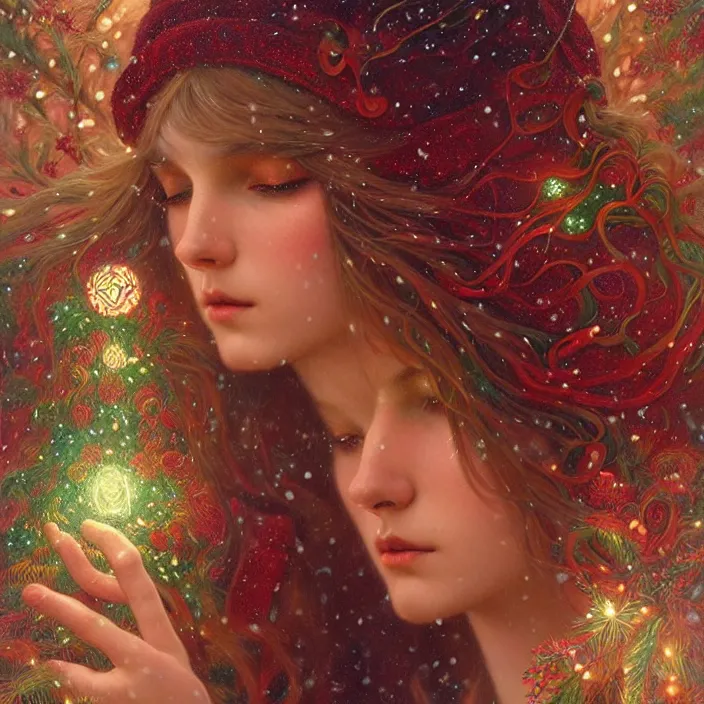 Image similar to psychedelic snowfall Spirit of Christmas, diffuse lighting, fantasy, intricate, elegant, highly detailed, lifelike, photorealistic, digital painting, artstation, illustration, concept art, smooth, sharp focus, art by John Collier and Albert Aublet and Krenz Cushart and Artem Demura and Alphonse Mucha