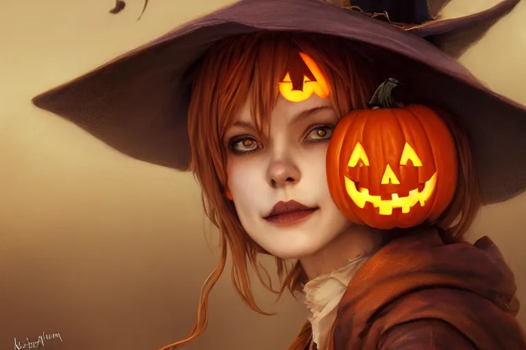 Prompt: portrait of a scarecrow with a jack - o - lantern head and a witch hat, halloween night, charlie bowater, artgerm, ilya kuvshinov, krenz cushart, ruan jia, realism, ultra detailed, 8 k resolution