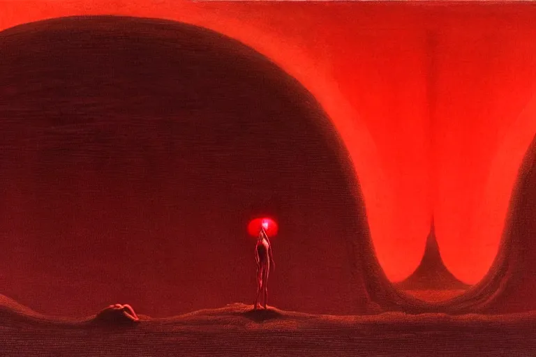 Image similar to only with red, a red god of death eat apple, a futuristic city on mars in background, an ancient path, pathos, in the style of beksinski, part by hopper, part by rodcenko, part by hofbauer, intricate composition, red by caravaggio, insanely quality, highly detailed, masterpiece, red light, artstation