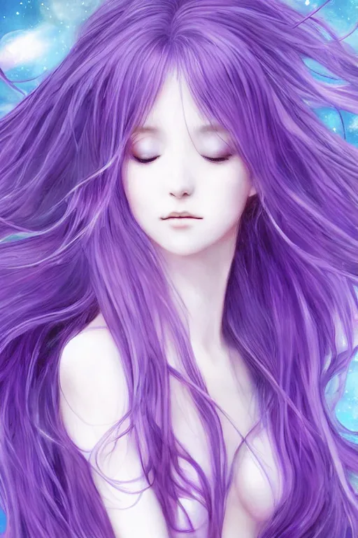 Image similar to 4k detailed portrait of a beautiful intimate woman with long purple cosmic hair and a beautiful celestial dress, by Miho Hirano. Anime, volumetric lighting