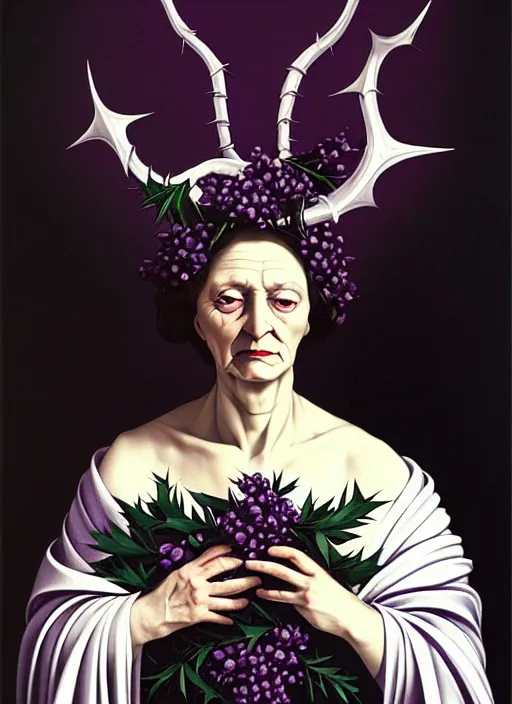 Prompt: portrait of a old year woman with a wreath of thorns a dress of bones and piony horns snake smoke, purple colour scheme, full length, masterpiece, art by caravaggio, artstation