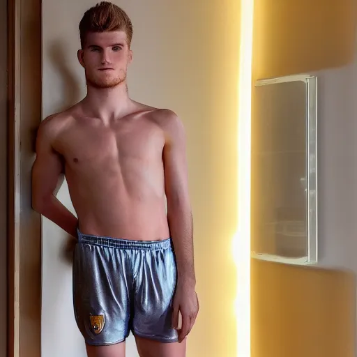 Prompt: a realistic detailed photo of a guy who is an attractive humanoid who is half robot and half humanoid, who is a male android, soccer player timo werner, shiny skin, posing like a statue, blank stare, in a living room, on display, showing off his muscles, gold soccer shorts