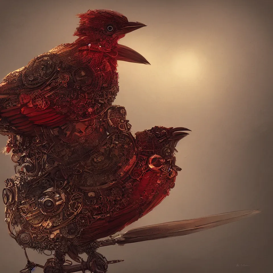 Image similar to a detailed concept art of a steampunk bird by miguel nogueira, gradient dark red, dynamic lighting, cinematic, epic composition, masterpiece