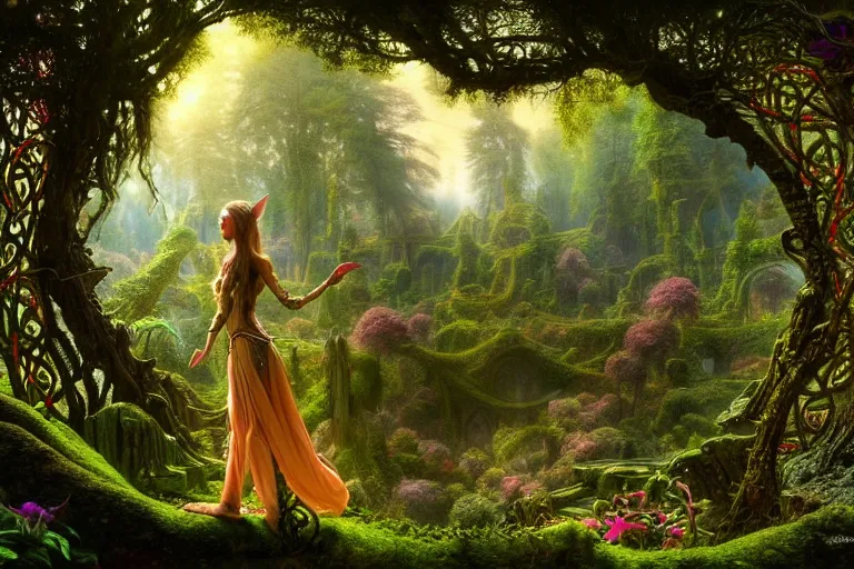 Prompt: a beautiful and highly detailed matte painting of an elven princess in beautiful garden in a mystical forest, psychedelic patterns, celtic designs, intricate details, epic scale, insanely complex, 8 k, sharp focus, photorealism, artstation, cgsociety, by caspar friedrich, albert bierstadt, james gurney, brian froud,