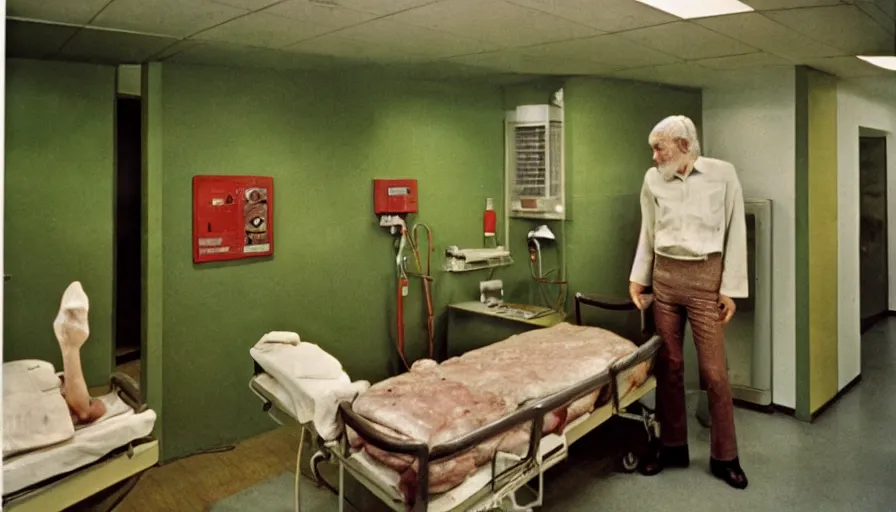 Image similar to 70s movie still of a ill skinny old man with meat clothes in a green wall hospital, eastmancolor, heavy grain, high quality, higly detailed, liminal space