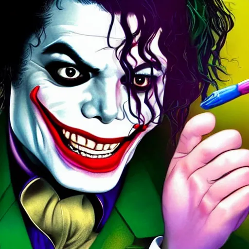 Image similar to michael jackson as the joker laugh on camera, with his hand make unappropriate sign. facial features, symmetrical anatomy, hyperdetailed, coloured comic, baroque, pop punk art style, fantasy, body features, posse features, without duplication, art by artgerm and ilya kuvshinov and vinicius gud and gustavo zambelli, intricate.