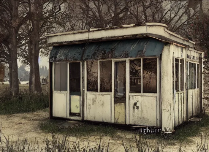 Image similar to exterior of an abandoned american diner, taken over by nature, gothic style, hyperrealistic and beautiful painting, 8 k resolution, by hugh ferris and john smith, polished, fine detail, intricate, smooth, octane, concept art, trending on artstation