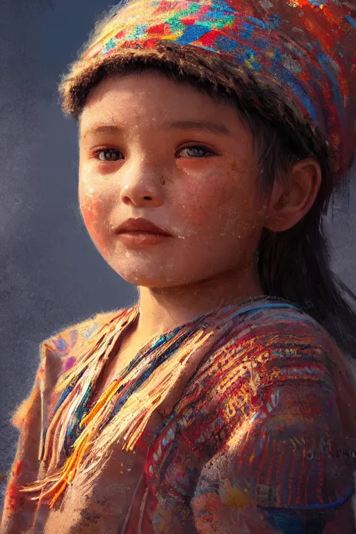 Image similar to aztec little girl, joyful, close - up portrait, intricate, elegant, volumetric lighting, scenery, digital painting, highly detailed, artstation, sharp focus, illustration, concept art, ruan jia, steve mccurry