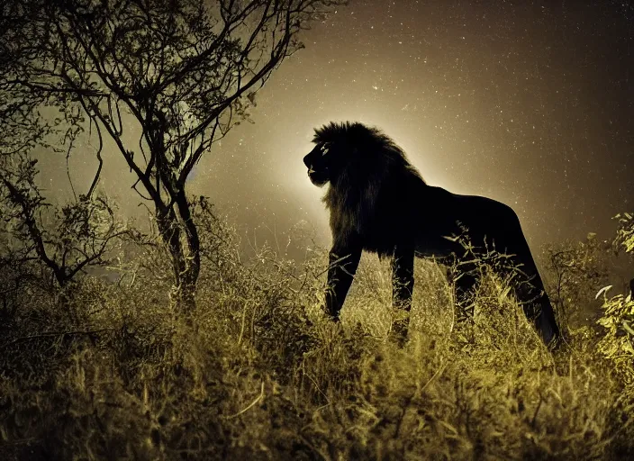 Prompt: professional wildlife photograph of a black lion standing in a dark jungle at night, surrounded by surreal trees, cinematic lighting, apex predator, natgeo