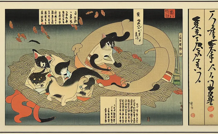 Image similar to business dashboard with time series charts, pie plots and other modern graphics, with small creatures swimming on it. diego rivera ( in ukiyo - e style ). ravi supa. cat