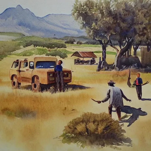 Image similar to knife maker in south africa with a 4 x 4 and a detective partner and 6 kids in the watercolour style painting