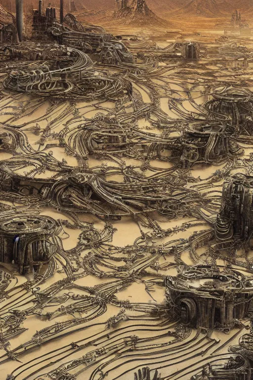 Prompt: industrial city in the desert dune concept art by yoshitaka amano and H.R. Giger, intricate detail, 8k, featured art