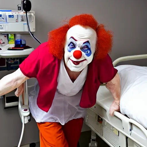 Image similar to crazy elderly clown restrained to hospital bed