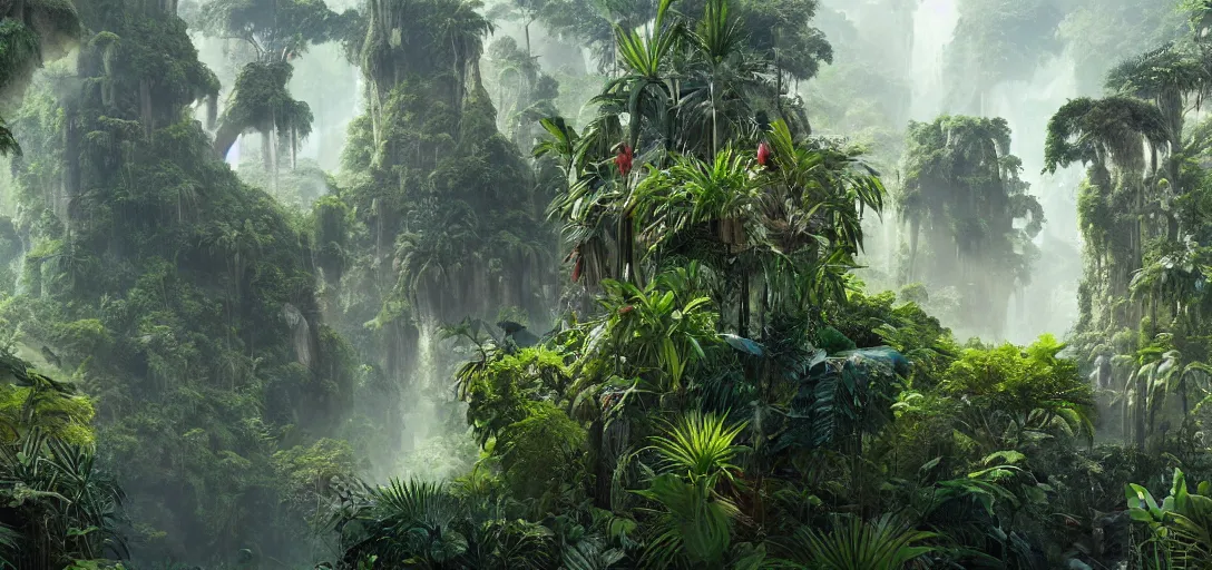 Image similar to exotic tropical jungle, astec ruins of el dorado, concept art, matte painting, 4k , clean post process, film still, style by raphael lacoste, eddie mendoza, alex ross