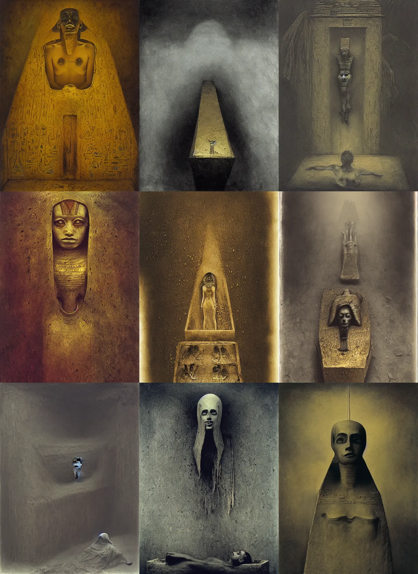 Prompt: wet plate photography egyptian ghost golden coffin, beksinski