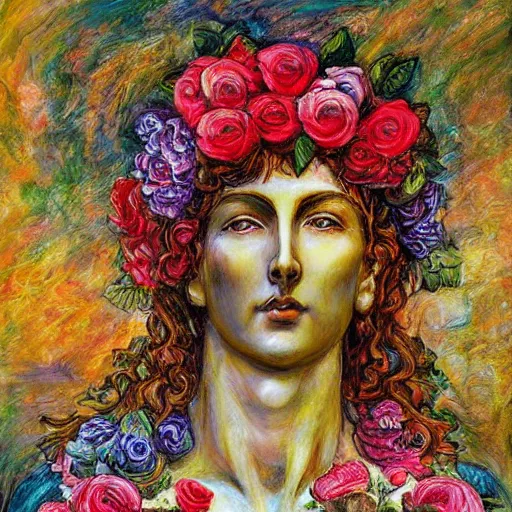 Image similar to portrait of a greek statue covered in roses, by josephine wall