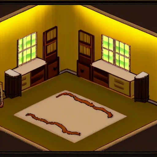 Image similar to rpg maker style bedroom, warm yellow lighting