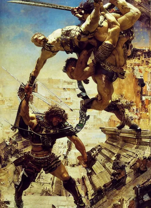 Prompt: huge warrior jocko willink vs godlike achilles at the walls of troy, dynamic action science fiction, by john berkey and lawrence alma tadema and rick berry and norman rockwel