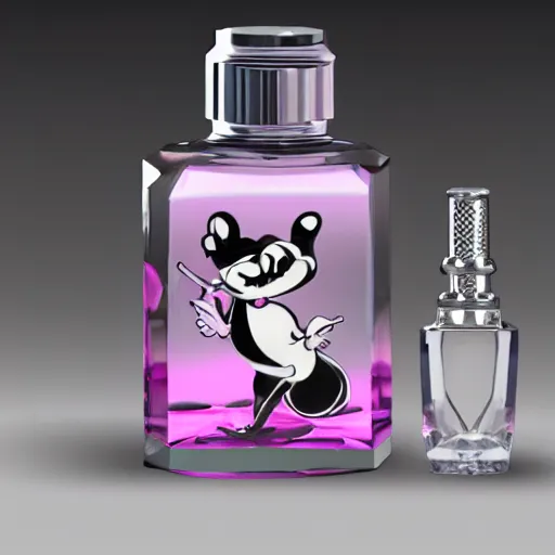 Prompt: a fancy crystal perfume bottle with a, pink rubber atomizer!!, engraved on the bottle is a cartoon of pepe le pew the skunk by mort drucker, cryengine, raytracing, beautiful realistic