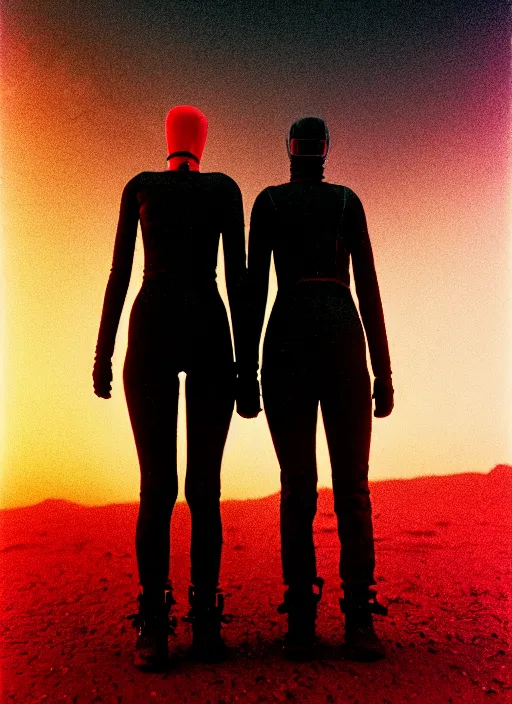 Image similar to cinestill 5 0 d photographic portrait of two loving female androids wearing rugged black techwear on a desolate plain with a red sky, extreme closeup, lizard on ground, cyberpunk style, in front of a brutalist dark metal facility, dust storm, 8 k, hd, high resolution, 3 5 mm, f / 3 2, ultra realistic faces