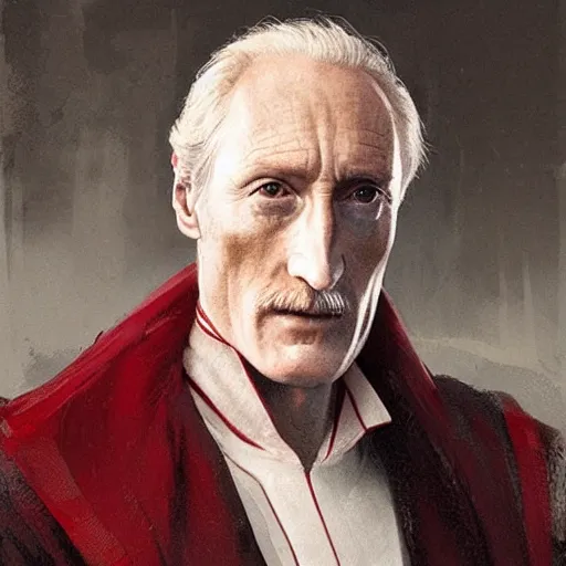 Image similar to portrait of a man by greg rutkowski, he looks like charles dance, star wars expanded universe, he is about 7 0 years old, wearing white and red chancellor clothes of the galactic triunvirate.