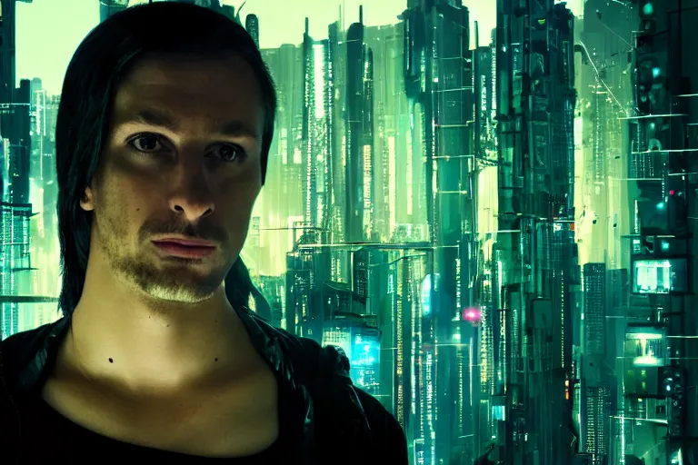 Image similar to cyberpunk hacker portrait in high tech compound by Emmanuel Lubezki