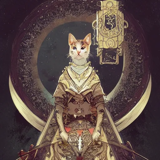 Image similar to A heraldic queen kitty cat with big cute eyes, D&D, fantasy, intricate, cinematic lighting, highly detailed, digital painting, artstation, concept art, smooth, sharp focus, illustration, art by Akihiko Yoshida, Greg Rutkowski and Alphonse Mucha