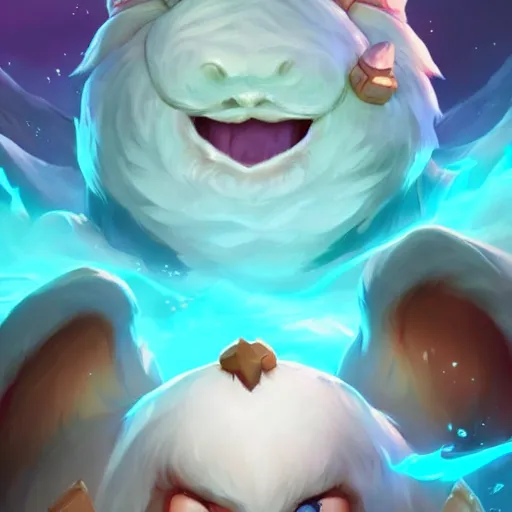 Image similar to legends of runeterra HD splash art pinterest cute small poro freljord snow soft fur happy huge tongue