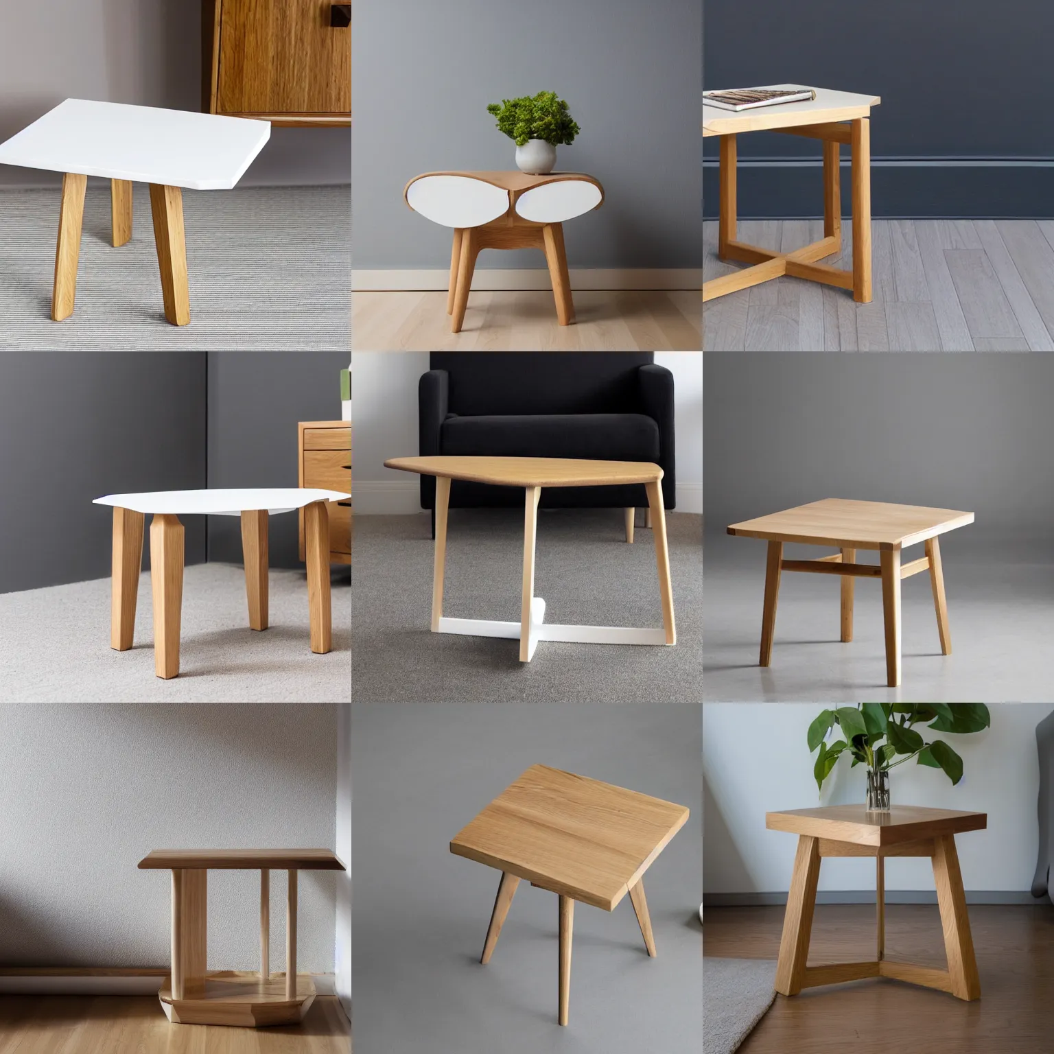 Prompt: studio photograph modern oak end table, geometric, kidney shaped top, tapered edges, white background, oiled wood, hand-crafted scandinavian furniture, award-winning carpenter