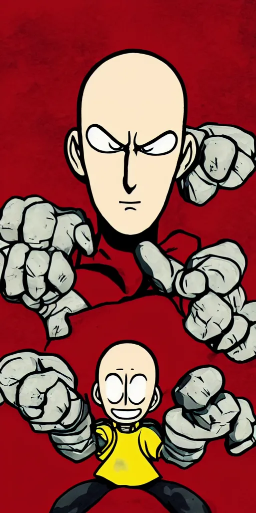Image similar to portrait of saitama in the cuphead game art style, angry, face wrinkles, red background