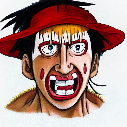 Image similar to nic cage as monkey d luffy, buff, painted portrait, highly detailed,