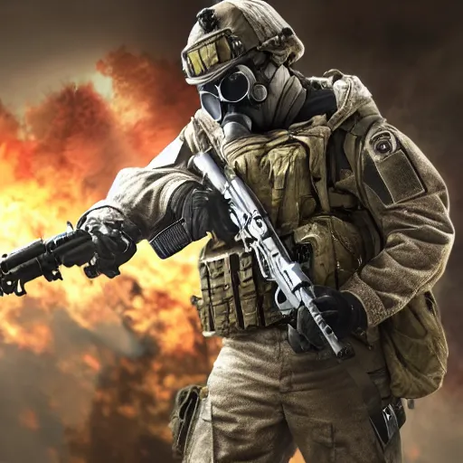 Image similar to Tactical soldier wearing gas mask and holding machine gun, call of duty, tactical, soldier, 8k, ultra hd, perfect light