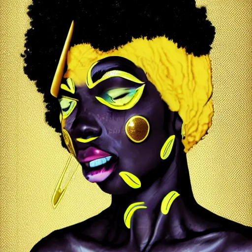 Prompt: black woman, afrofuturist, cell shaded, comic book style art, gold jewelry, face paint