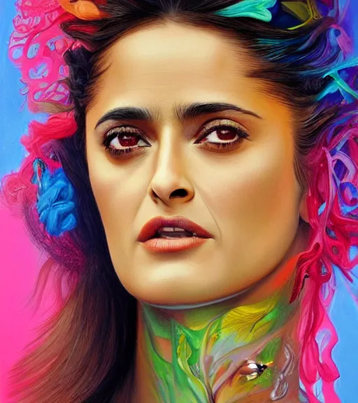 Image similar to beautiful painting of salma hayek by dariusz zawadski, contemporary, creepy, colorful acrylic, airbrush painting, realistic portrait by kehinde wiley and archan nair, colored pencil sketch, hyperrealism, pastel chalk, oilpastels