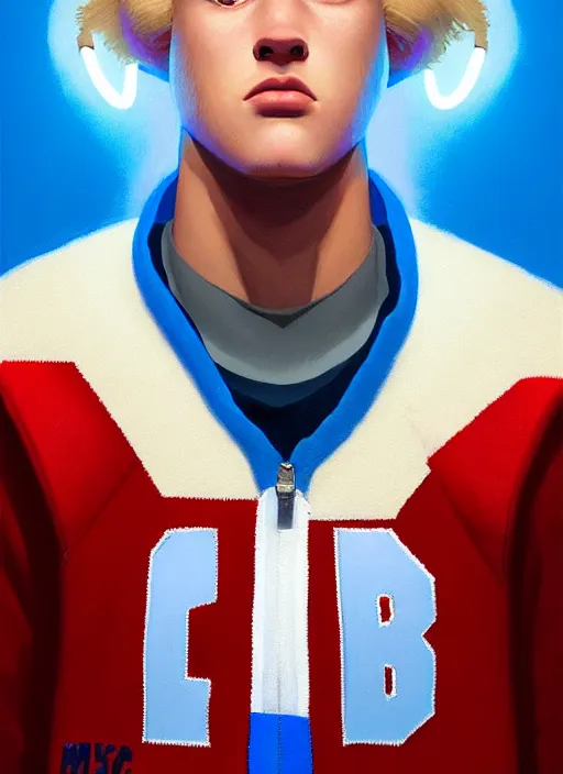 Image similar to portrait of high school senior boy named big moose, blonde short hair, jock, beefy, wide face, square jaw, square facial structure, blue varsity jacket with letter r, intricate, elegant, glowing lights, highly detailed, digital painting, artstation, concept art, sharp focus, illustration, art by wlop, mars ravelo and greg rutkowski