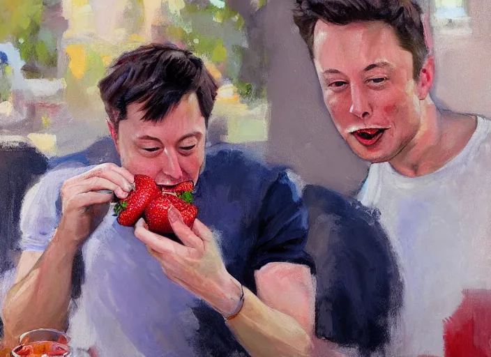 Image similar to a highly detailed beautiful portrait of elon musk eating strawberry, by gregory manchess, james gurney, james jean