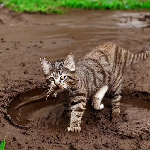 Prompt: cat play in mud