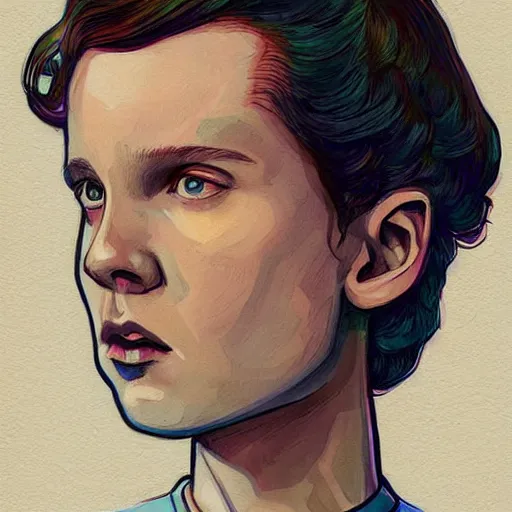 Image similar to beautiful side portrait of Eleven from Stranger things in a scenic!!! Environment by martine johanna, artstation winner,lines ,figurativism!, portrait,