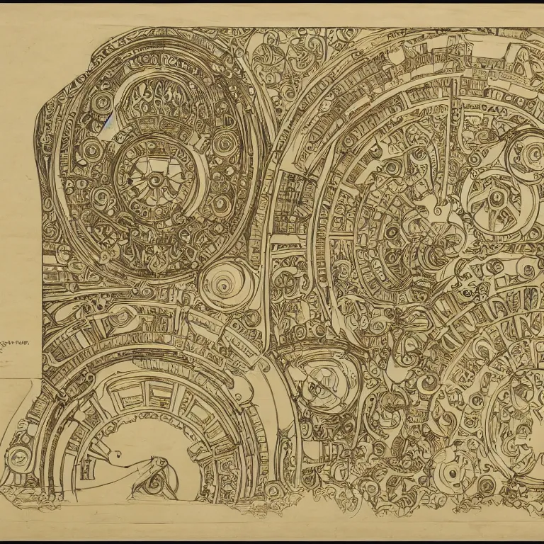 Image similar to detailed, intricate technical drawings on parchment from 1 8 4 0, with labels and notes, for a beautiful, symmetric, art deco submarine cutaway, by ron cobb and alphonse mucha