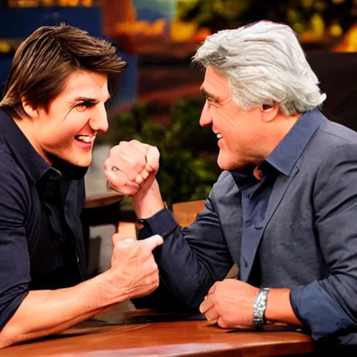 Prompt: jay leno arm wrestling tom cruise on a table, sitting across from each other