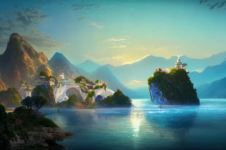 Prompt: an oriental palace made of immaculate white stones planted at the edge of a waterless ocean under a twilight light, blue sky without clouds, people angling at the edge, crystalline rock, pastel shades, inspired by noah bradley in the style of nikolina petolas, huge mountain peaks made of crystal