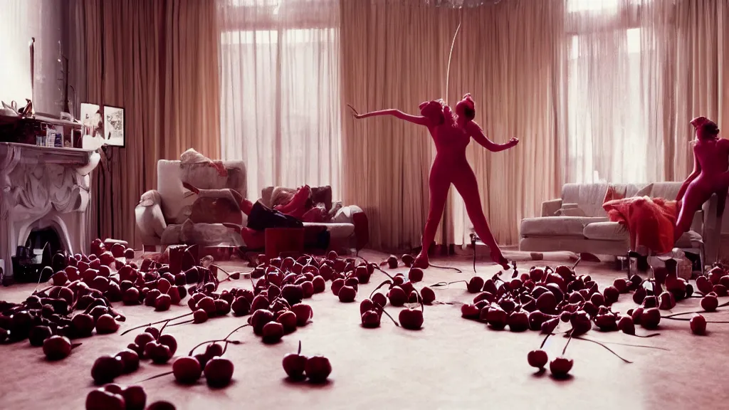 Prompt: Cherry on Cherry violence in a living room, film still from the movie directed by Denis Villeneuve with art direction by Salvador Dalí, wide lens