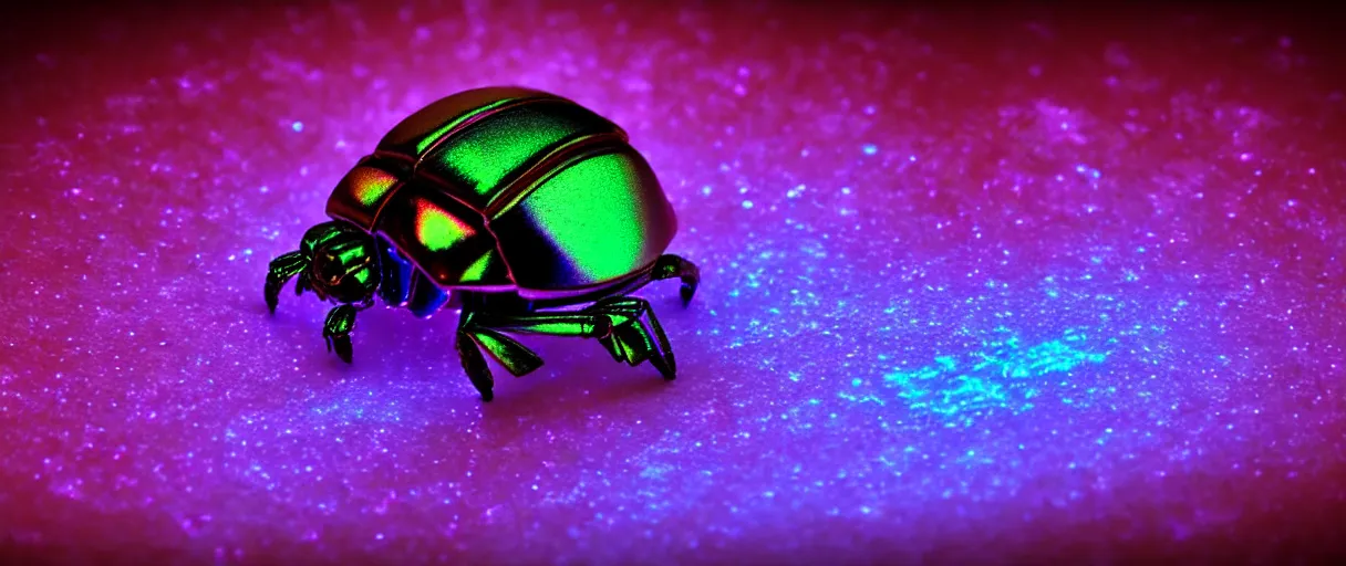 Image similar to high quality photo glowy iridescent cyborg scarab! jeweled very beautiful! highly detailed digital art david ligare elson peter cinematic purple neon lighting high quality low angle hd 8k sharp shallow depth of field