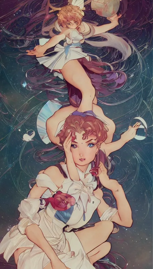 Image similar to sailor moon in a cute pinup pose by artgerm, greg rutkowski and alphonse mucha, concept art, matte, intricate, full body, epic composition