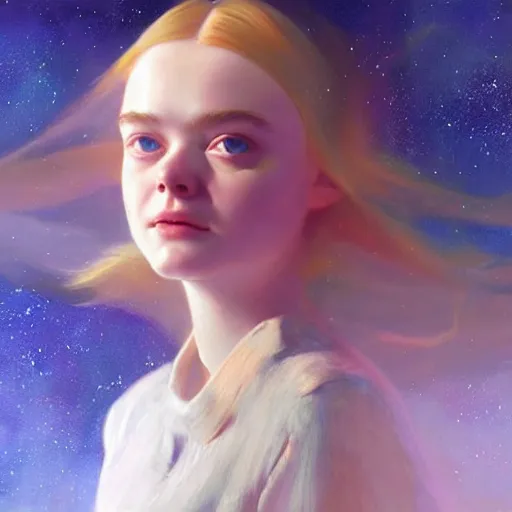 Prompt: a striking hyper real painting of Elle Fanning in space by Craig Mullins