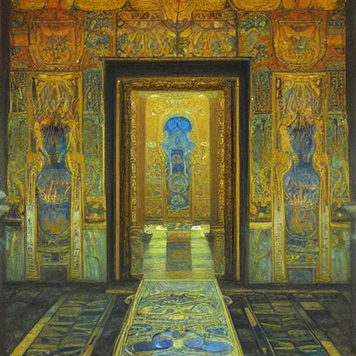 Image similar to a painting of a throne room , tiled floor a raytraced image by Mikalojus Konstantinas Čiurlionis, by Edward Okun, Gustave Moreau , metaphysical painting, hall of mirrors, Hungarian,ominous, dark, concept art, oil painting, blurred