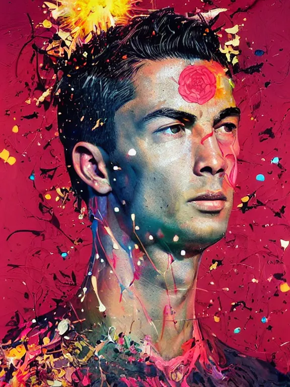 Prompt: art portrait of christiano ronaldo with flower exploding out of head,by tristan eaton,Stanley Artgermm,Tom Bagshaw,Greg Rutkowski,Carne Griffiths,trending on DeviantArt,face enhance,chillwave,minimalist,cybernetic, android, blade runner,full of color,