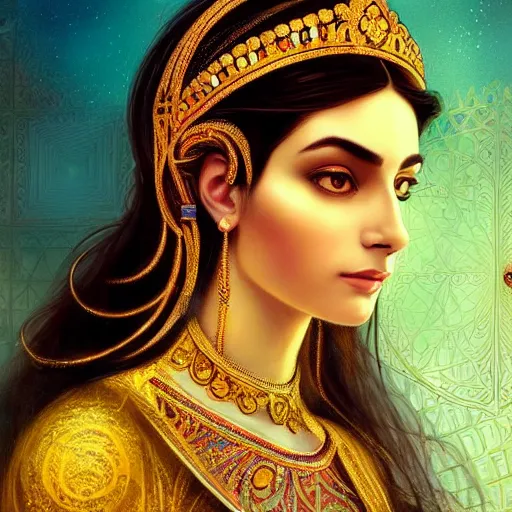 Image similar to Beautiful portrait of a Persian Princess who is an architect, beautiful princess, face painting, architecture, persian style architecture, dramatic lighting, intricate, wild, highly detailed, digital painting, artstation, concept art, smooth, sharp focus, illustration, gold+yellow+white+Turquoise, art by artgerm and greg rutkowski and alphonse mucha, footage from space camera