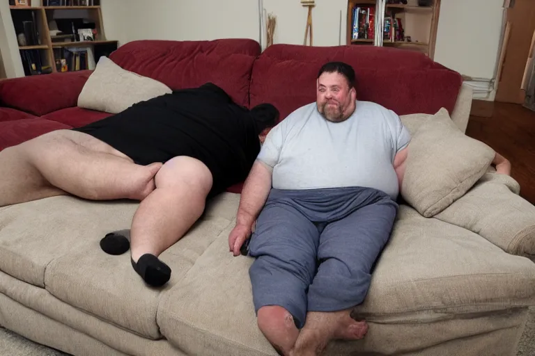 Image similar to 6 0 0 pound dwarf fusing to his couch